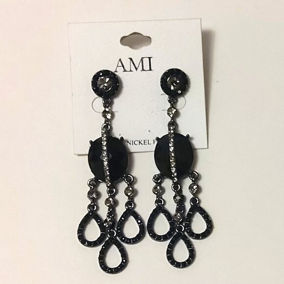 NEW AMI Black Onyx Long Drop Gray Crystal Dangle Earrings Women Jewelry Gifts - Picture 5 of 7